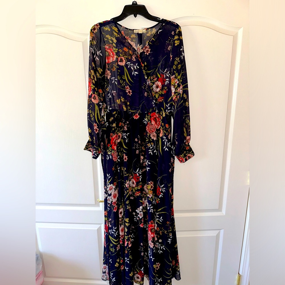 Dark blue indigo rose maxi dress size large summer spring 🌺🤍